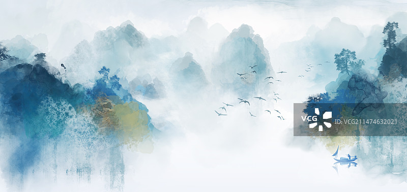 蓝色水彩意境山水风景画图片素材