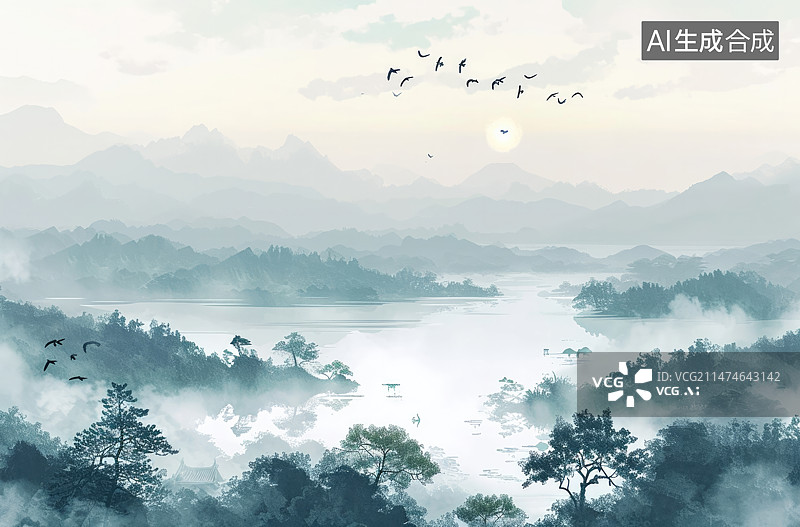 【AI数字艺术】千里江山图中国水墨画背景图片素材