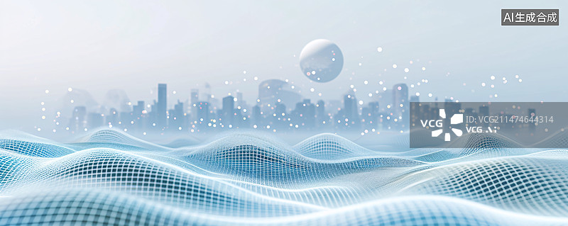 【AI数字艺术】科技粒子城市背景，城市天际线科技概念插图图片素材