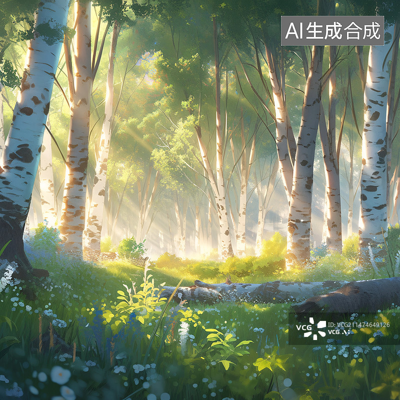 【AI数字艺术】春天阳光洒进森林白桦树林图片素材
