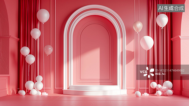 【AI数字艺术】气球拱门粉色情人节商品展台婚礼背景图片素材