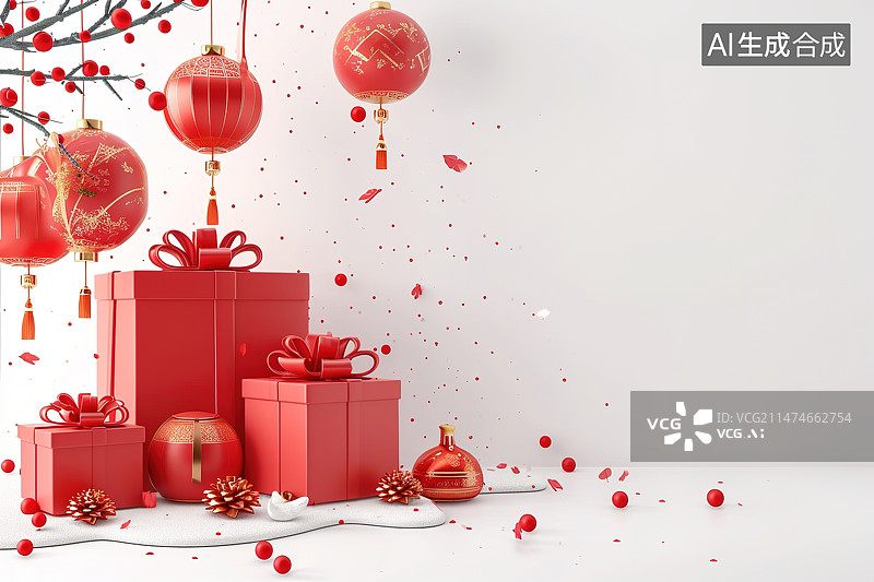 【AI数字艺术】红色礼盒传统春节元素白色背景图片素材