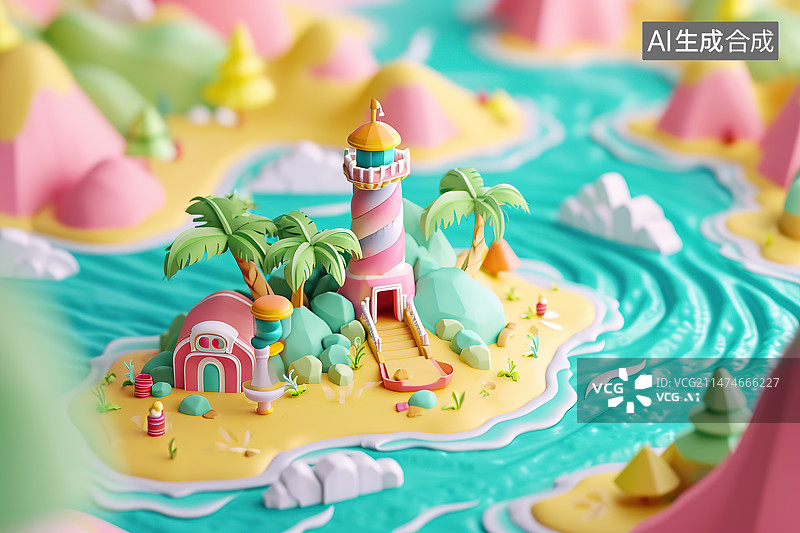 【AI数字艺术】海边度假村3D风格可爱风图片素材