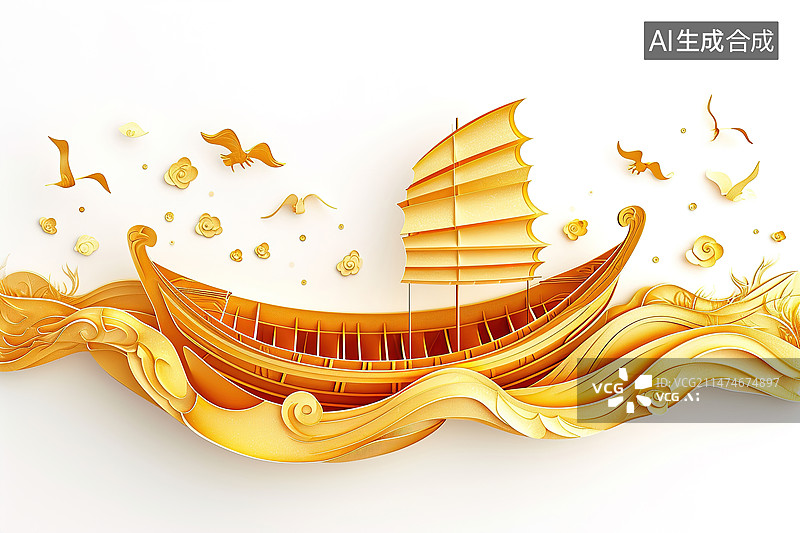 【AI数字艺术】金色的纸船一帆风顺图片素材