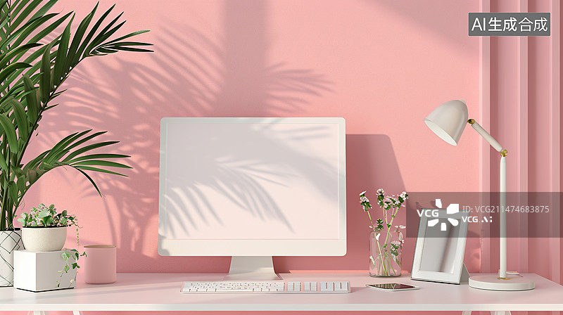 【AI数字艺术】粉色背景下的台式电脑台灯和盆栽植物办公环境特写镜头图片素材