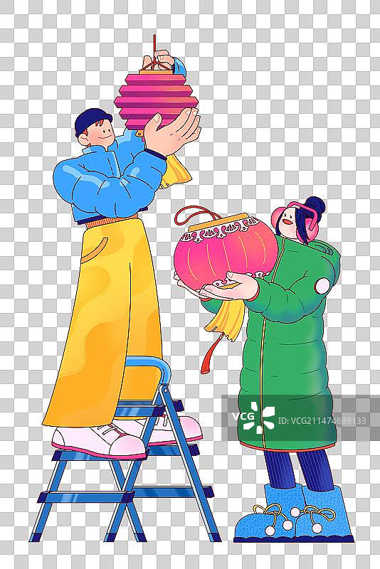 免抠男孩站在梯子上女孩新年挂灯笼扁平时尚插画图片素材