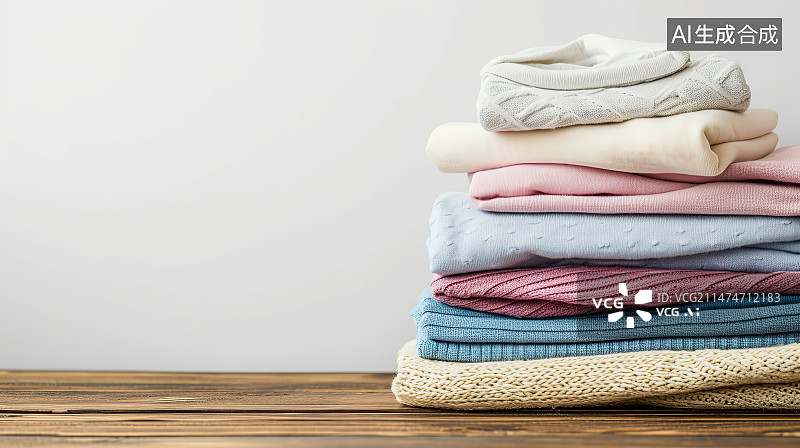 【AI数字艺术】白色背景下桌子上堆叠的彩色毛巾的特写镜头图片素材