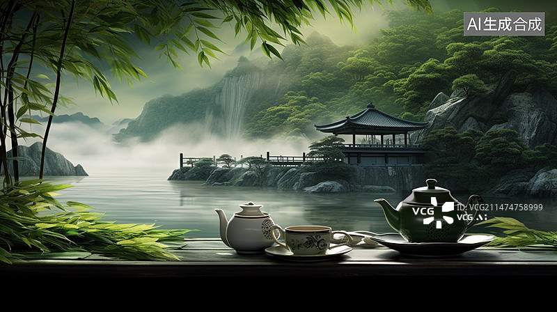 【AI数字艺术】青山绿水茶图片素材