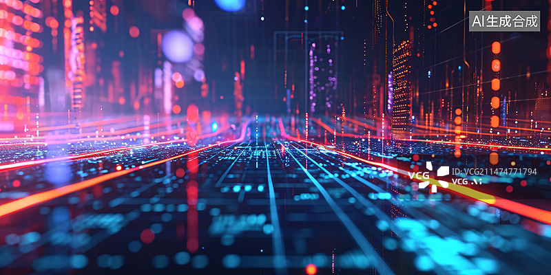 【AI数字艺术】带有光影的科技未来发光隧道，未来主义空间主题的幻想概念插图图片素材