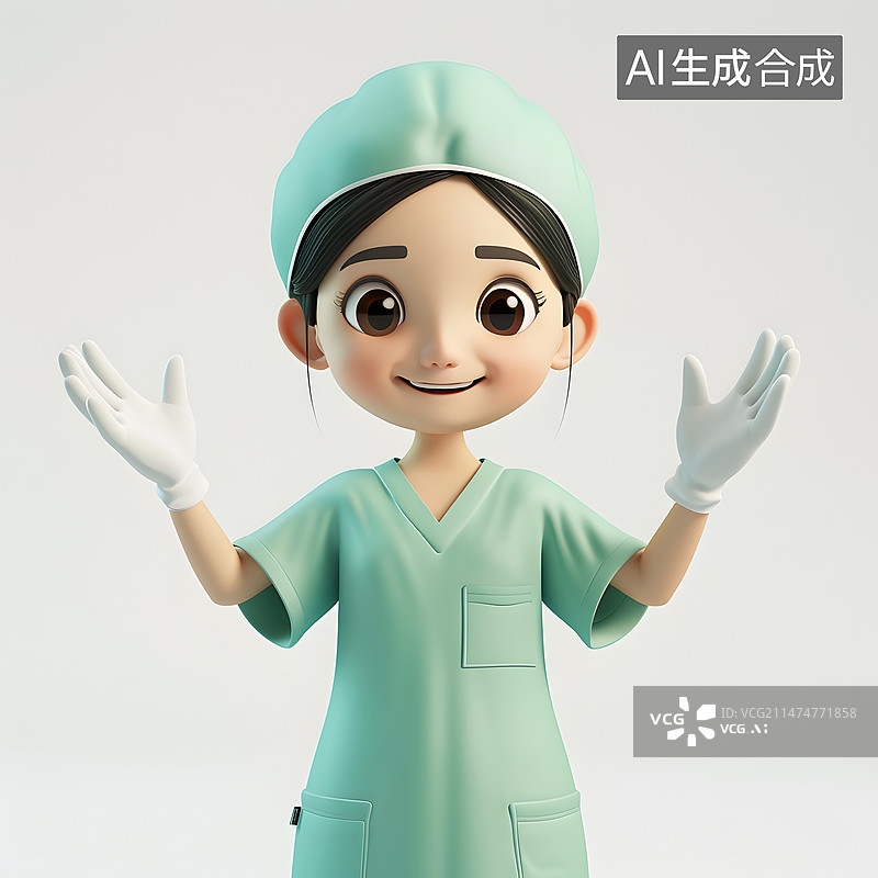 【AI数字艺术】女医生穿着绿色手术服举起双手准备做手术3D肖像人物图片素材