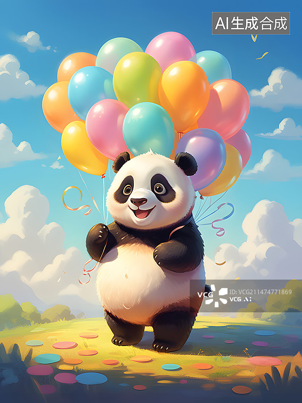 【AI数字艺术】3D可爱的大熊猫背影有七彩气球插画图片素材