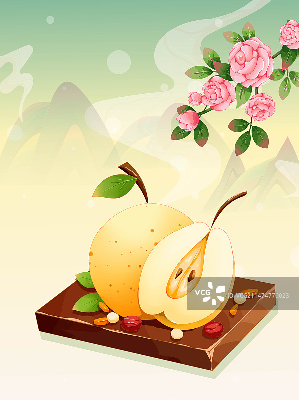 国潮风雪梨红枣蔷薇插画图片素材