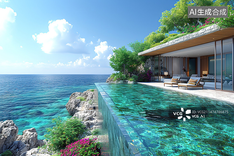 【AI数字艺术】海边度假别墅泳池图片素材