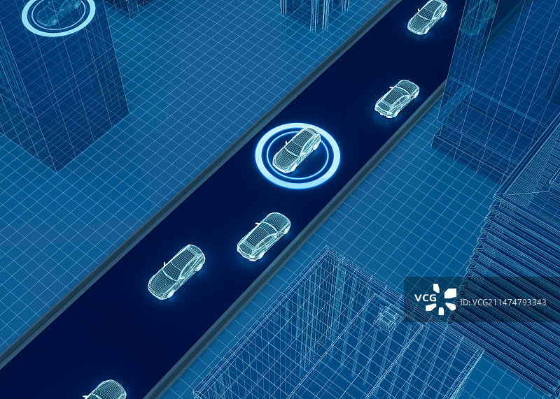 虚拟汽车行驶在三维城市高架上图片素材