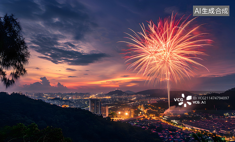 【AI数字艺术】AIGC:夜晚城市庆祝节日的烟花 抽象背景 插图图片素材
