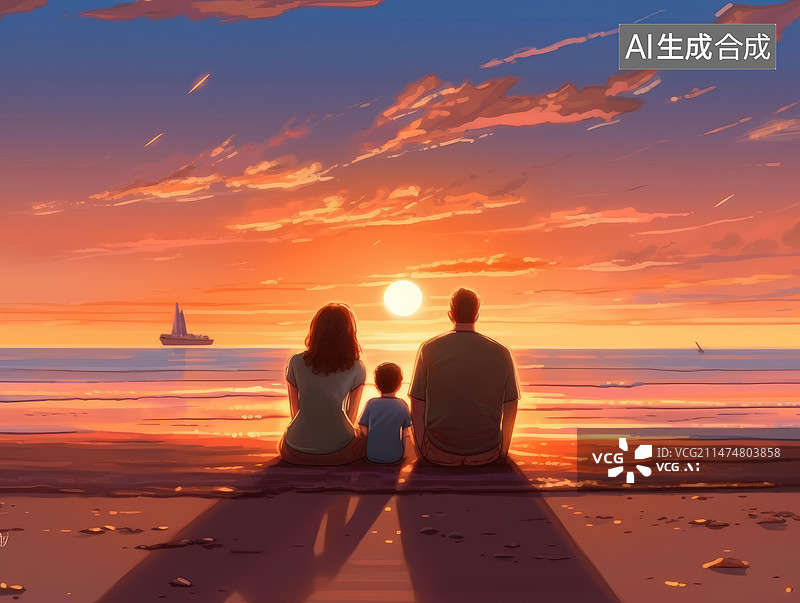 【AI数字艺术】海边一家三口看日出图片素材