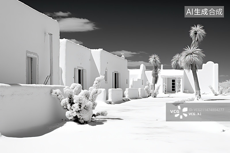 【AI数字艺术】白色背景下的花朵和建筑物的全景照片图片素材