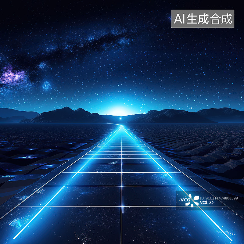 【AI数字艺术】虚拟的群山间高速运动的光轨道路图片素材