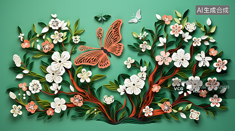 【AI数字艺术】春季花朵剪纸艺术品图片素材