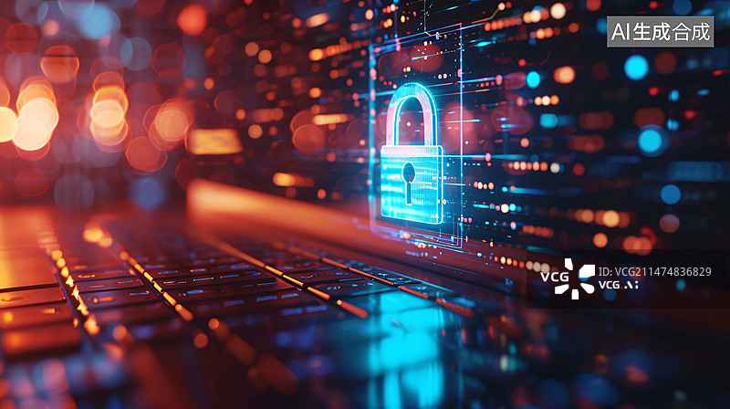 【AI数字艺术】网络安全科技安全锁，抽象概念互联网科技数据加密中心概念插图图片素材