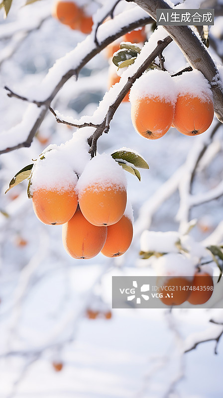【AI数字艺术】冬季雪中的柿子特写图片素材
