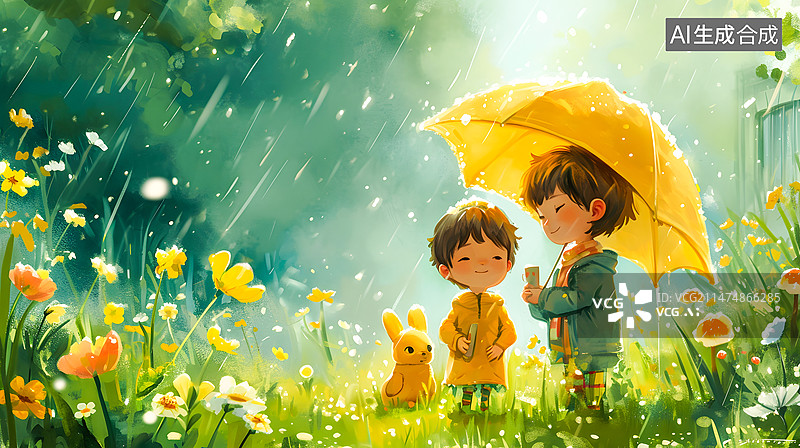 【AI数字艺术】哥哥给弟弟在草地上撑伞图片素材
