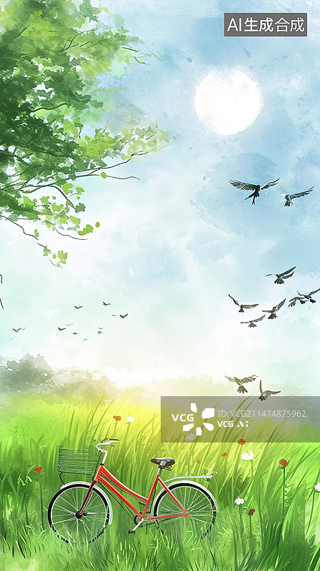 【AI数字艺术】踏青自行车绿色的草地国潮插画图片素材