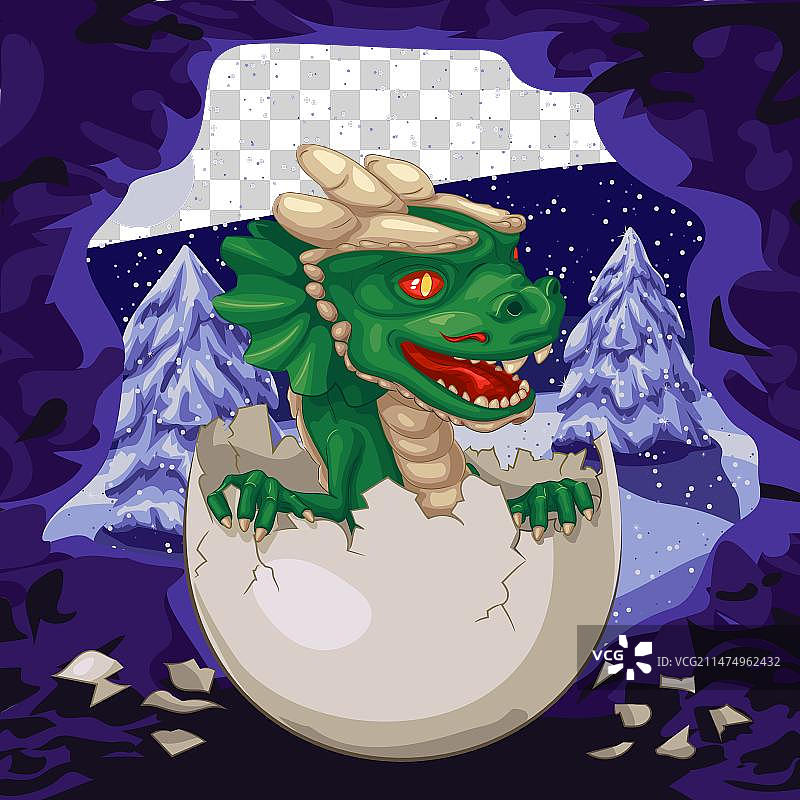 洞穴中从蛋中孵出的绿色木制龙图片素材