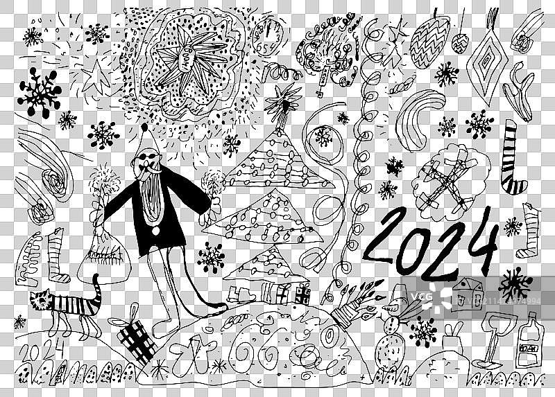 手绘涂鸦2024新年儿童明信片图片素材