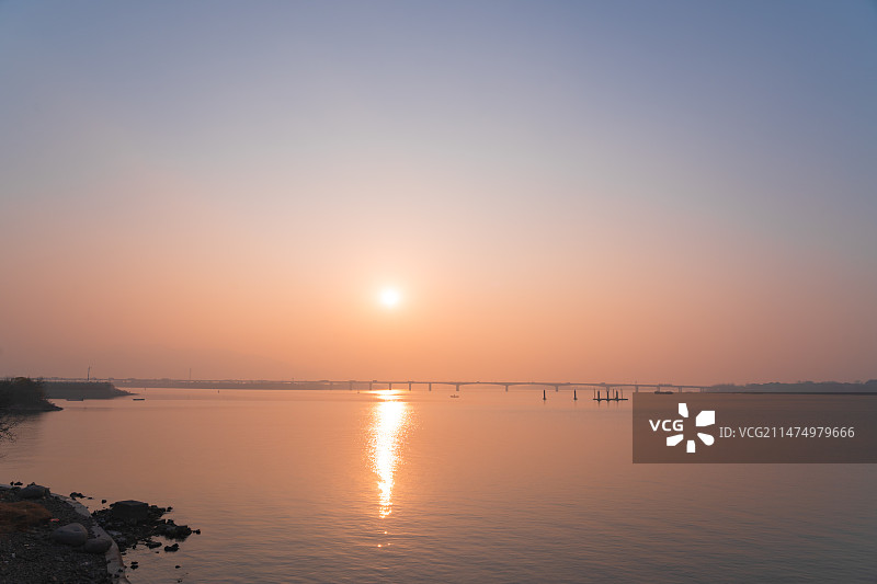 浙江杭州萧山区三江口袁浦大桥夕阳日落自然风景图片素材