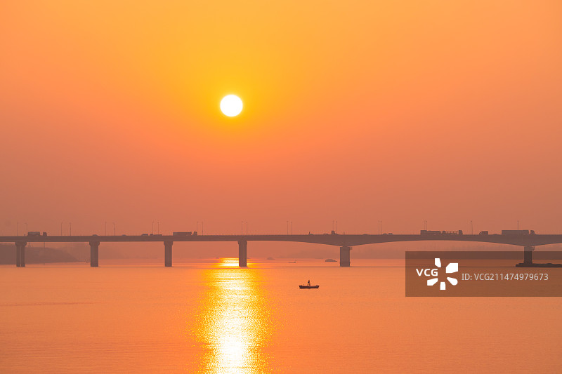 浙江杭州萧山区三江口袁浦大桥夕阳日落自然风景图片素材
