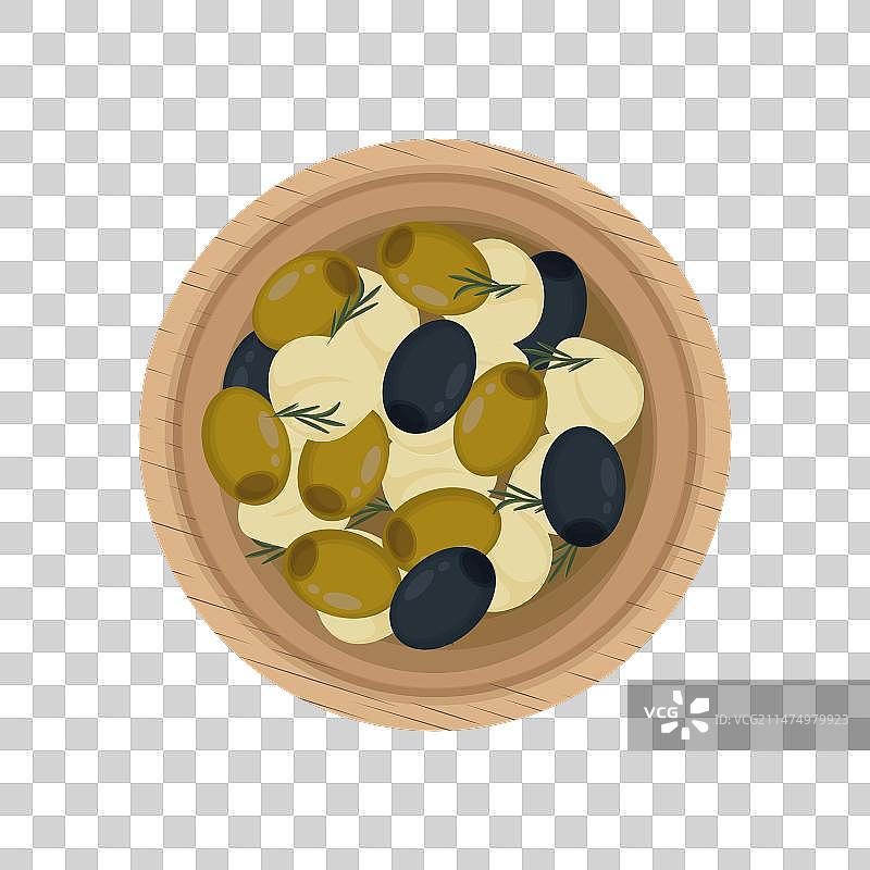 平铺：木碗装腌制马苏里拉奶酪图片素材