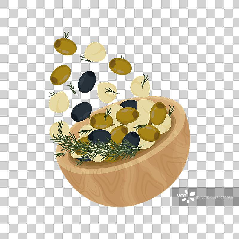 漂浮的腌制马苏里拉奶酪配橄榄图片素材