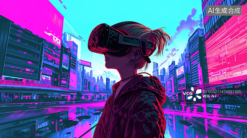 【AI数字艺术】元宇宙世界戴着VR眼镜的青年女人图片素材