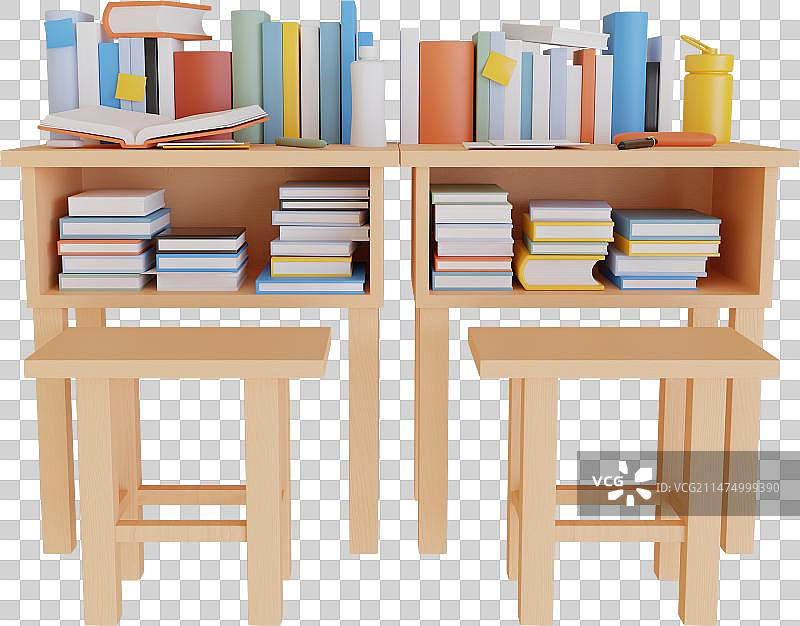 书桌凳子书本抽屉笔便签水杯开学季三维模型图片素材