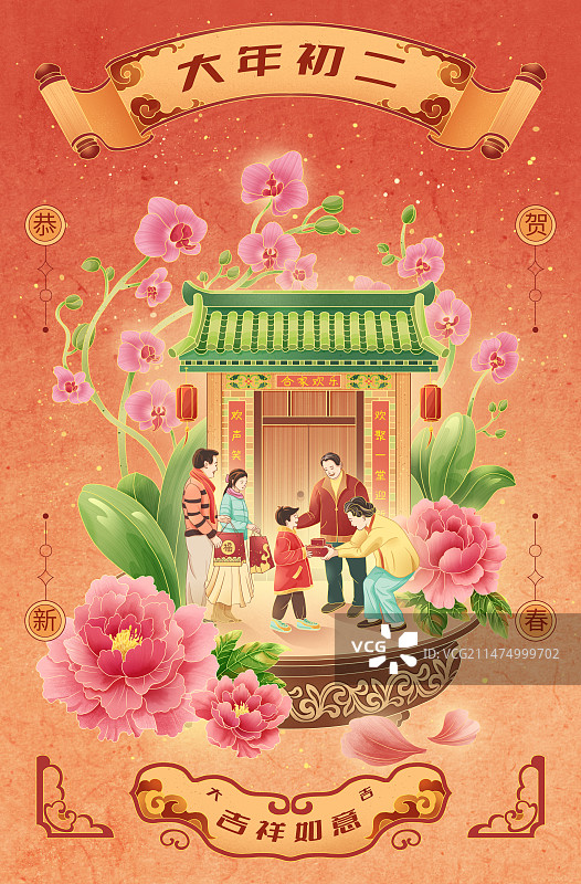 大年初二民俗插画回娘家 海报图片素材