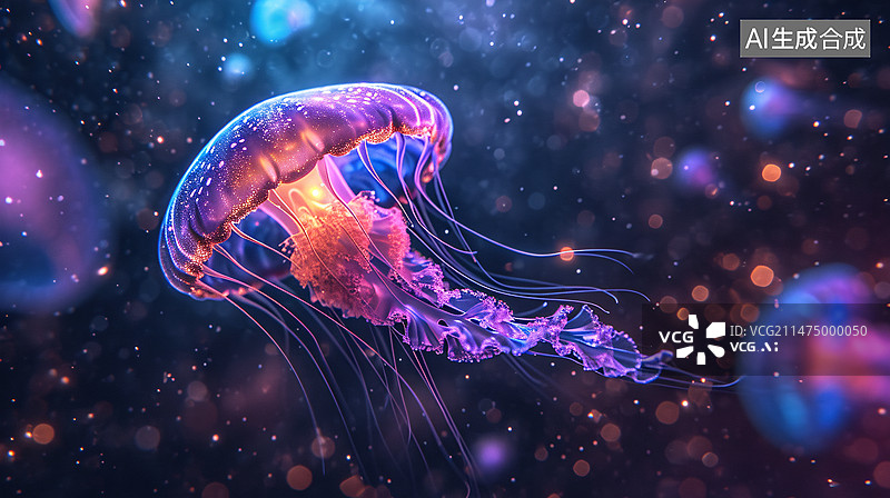 【AI数字艺术】发光水母插画，水母唯美梦幻场景概念插图图片素材