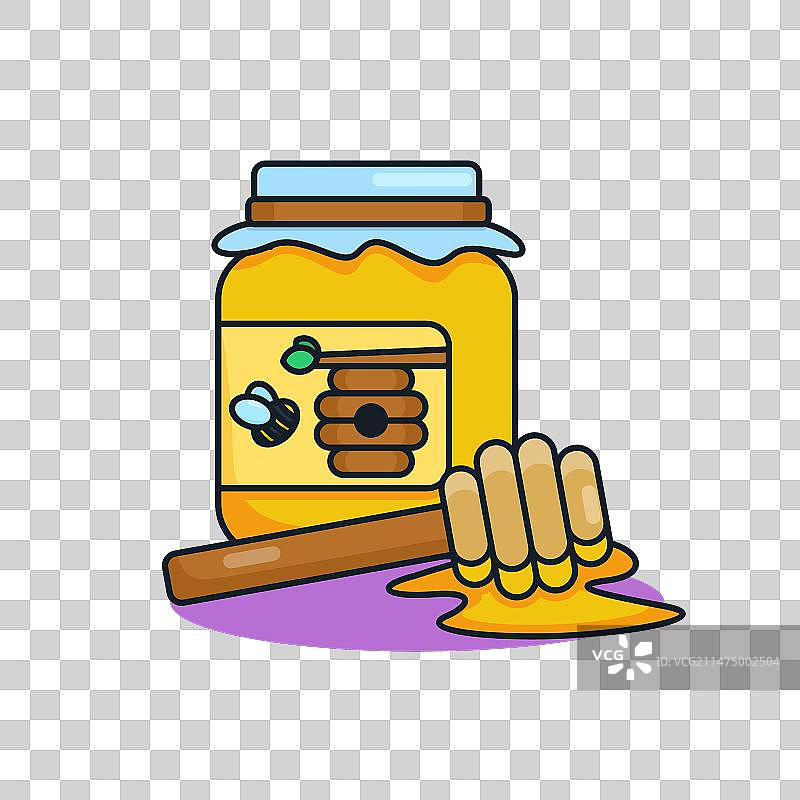 独特的可爱蜂蜜罐和蜂蜜勺扁平设计图片素材