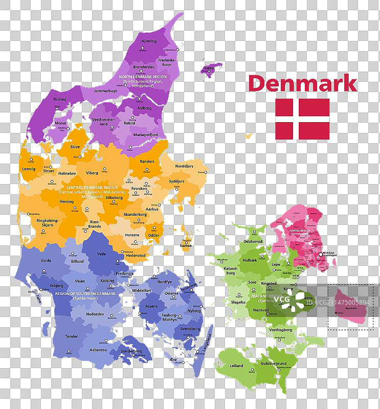 丹麦行政区划地图（按地区着色）图片素材