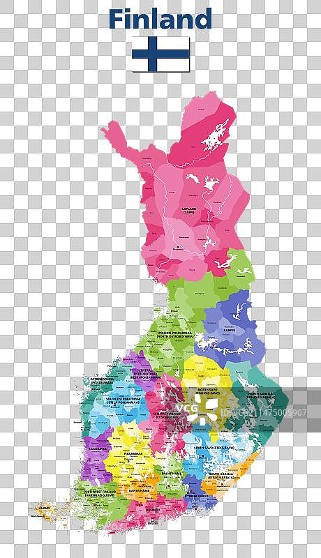 按地区着色的芬兰市政地图图片素材