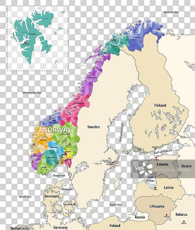 挪威各城市高精度彩色地图图片素材