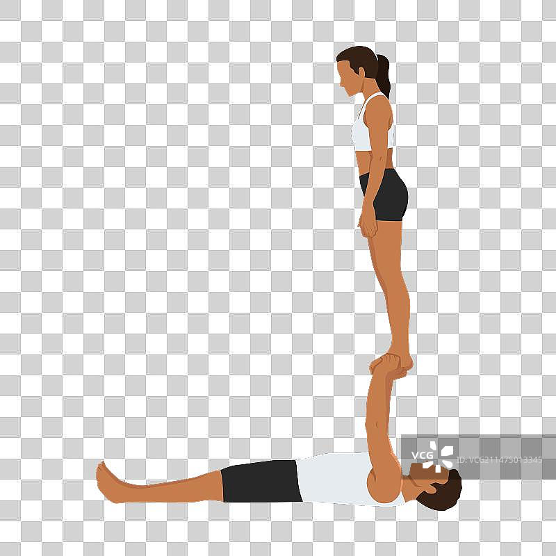 年轻情侣表演双人瑜伽，女子保持平衡图片素材