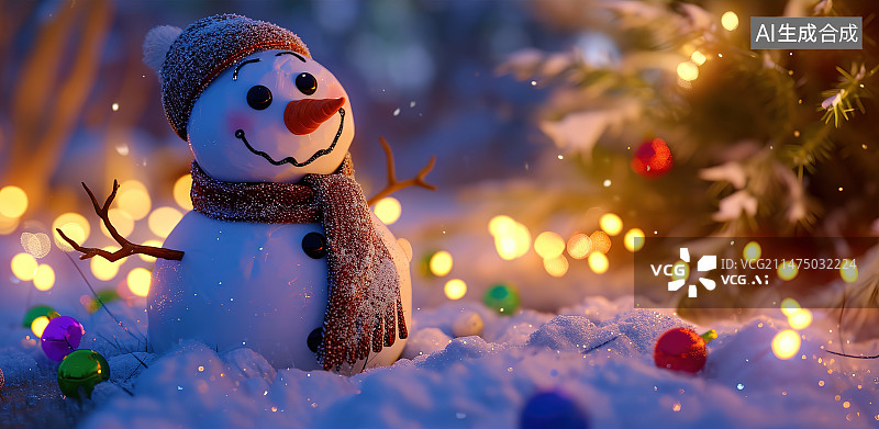 【AI数字艺术】雪地上圣诞装饰的特写镜头图片素材