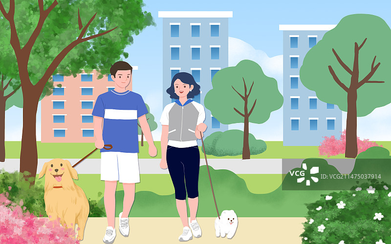 情侣在小区遛狗图片素材