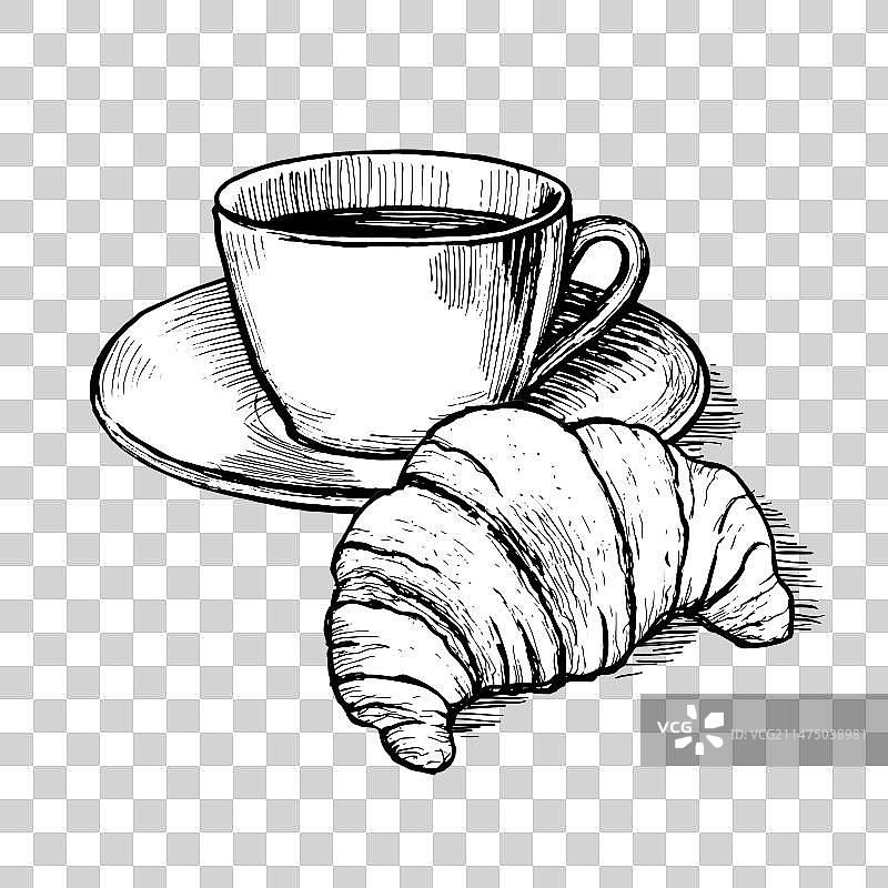 手绘咖啡杯与羊角面包图片素材
