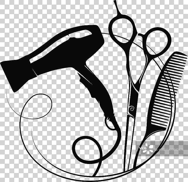 剪刀、吹风机、梳子和一绺头发图片素材