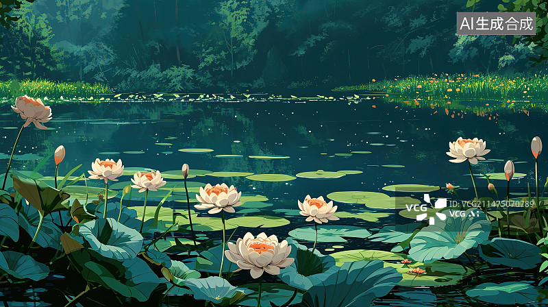 【AI数字艺术】池塘里的荷花图片素材