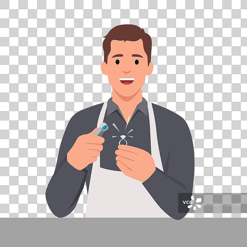 拿着钻石并使用放大镜的珠宝商人图片素材