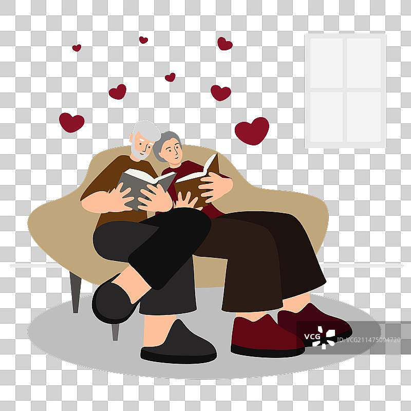 老年夫妇坐在沙发上读书图片素材