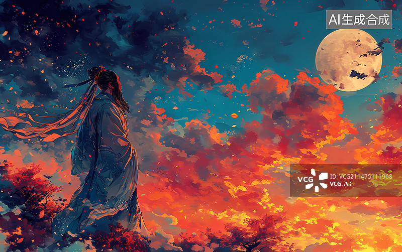 【AI数字艺术】夜晚月亮对天空的低角度视图图片素材